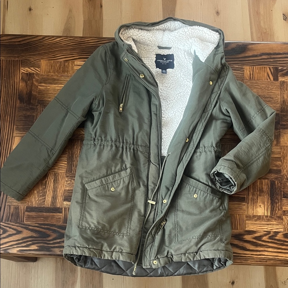American Eagle Outfitters Olive & White Sherpa-Lined Jacket